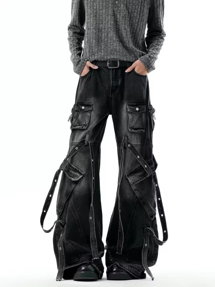 Luxury Bags Denim - Jeans Cargo Neri Lavati Stile Punk
